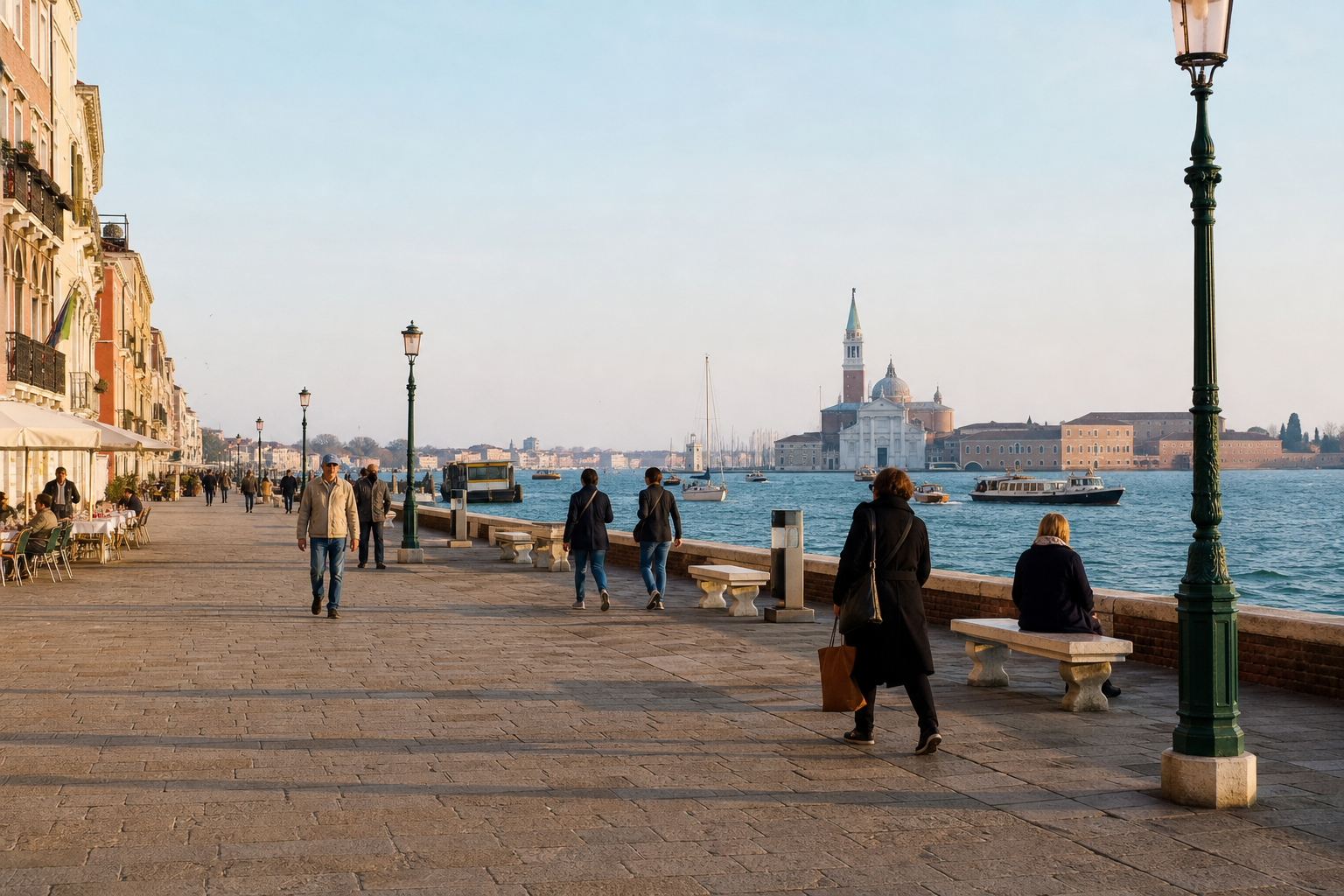 Fondamenta delle Zattere al tramonto — vista sull'isola della Giudecca, gondole all'ormeggio, luce calda