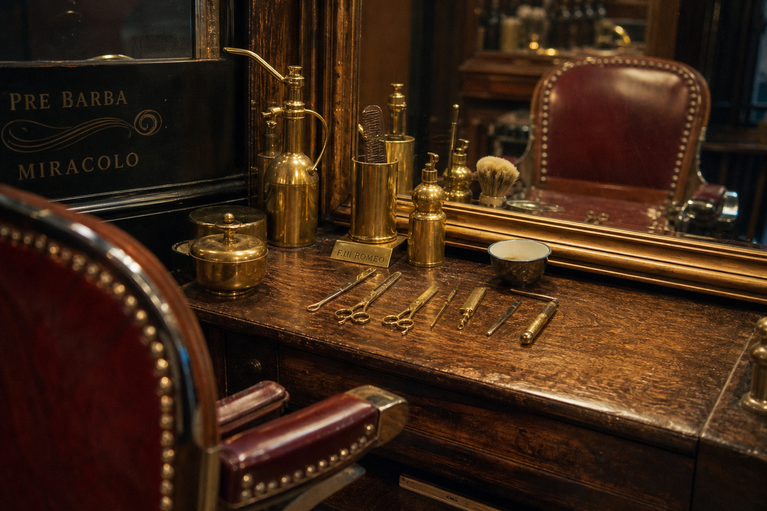 Interno della bottega in Calle dei Furlani — due poltrone in cuoio rosso scuro, specchi antichi, pavimento in graniglia veneziana