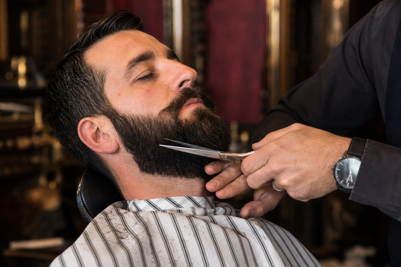 Lorenzo che rifinisce a forbice la barba di un cliente, dettaglio della mano con il pettine e le forbici