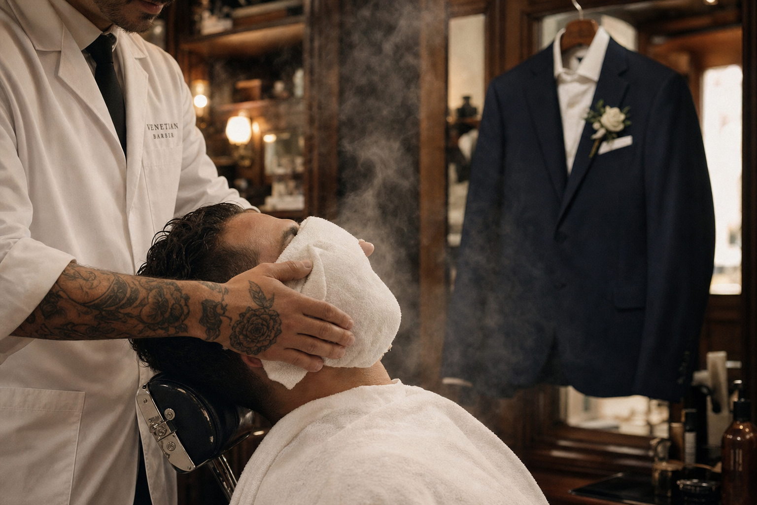 Cliente disteso nella poltrona con asciugamano caldo sul viso, Lorenzo prepara il sapone nella ciotola sul tavolino accanto